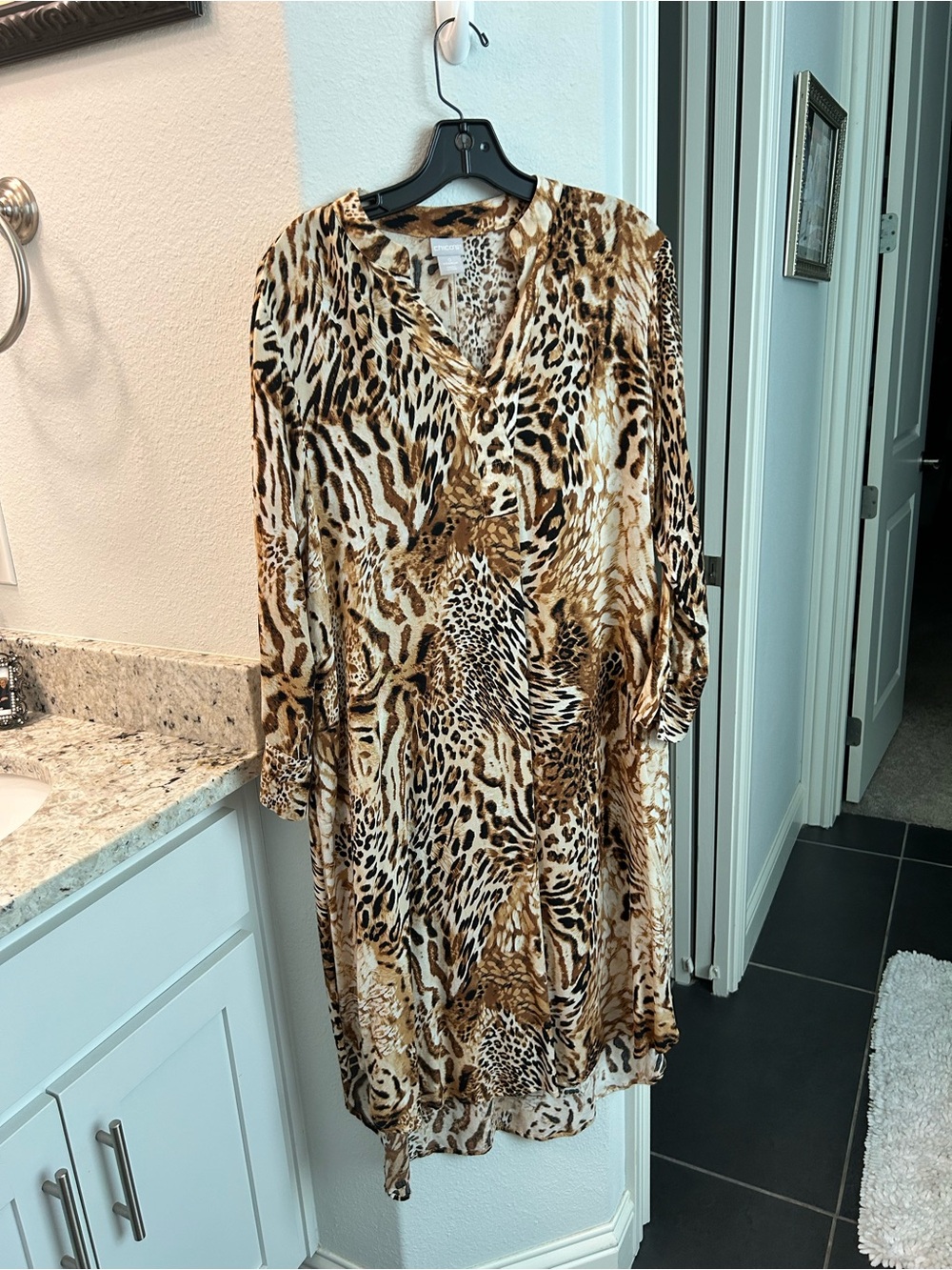 Chico's Animal-Print Long Sleeve V-Neck Dress in Brown and Cream